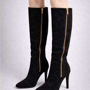 Donatelle Black Knee-High Heeled Boots with Gold Zipper Women Size 11